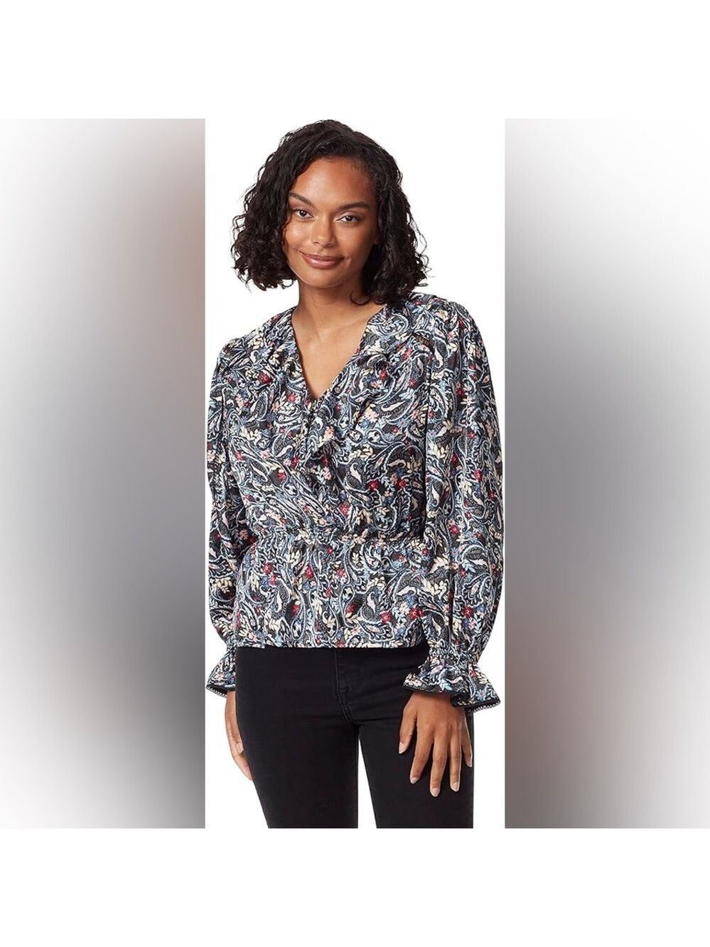 Sam Edelman Black Floral Ruffle V-Neck Blouse XS